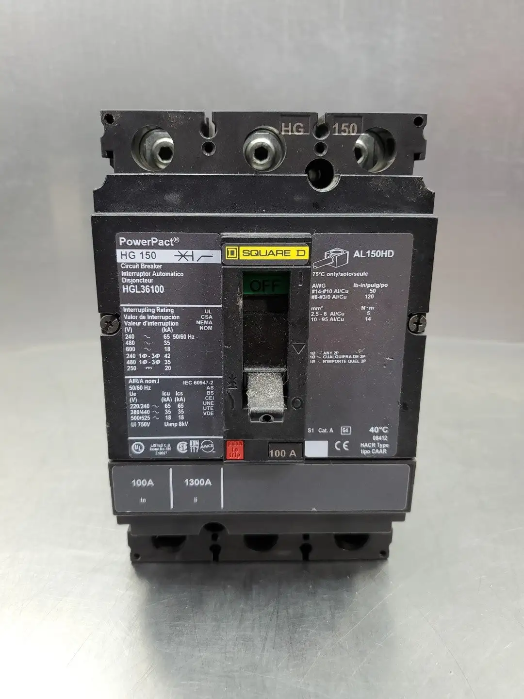 USED Square D HGL36100 PowerPact HG 150 Circuit Breaker, 100A