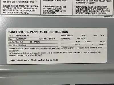 30 Amp Panelboard Interior 120/208 Volts, Pow-R-Line 1A