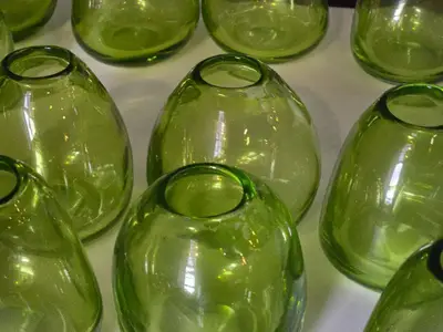 Lot of (6) Handblown Art Glass Table Vases by Holmegaard 4" x 4" (green) (rounded triangle)