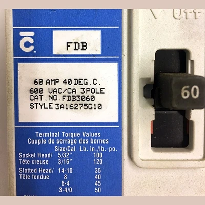Cutler Hammer 3 Pole 60 Amp FDB Breaker