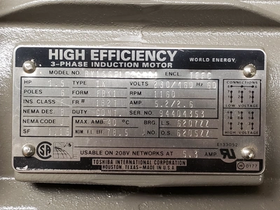 Toshiba 1.5 HP, 1730/1400 RPM, 182T FRAME motor