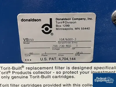 USED Donaldson Torit 65 Sq Ft Torit Dust Collector, C/S, Model VS550, 1 HP