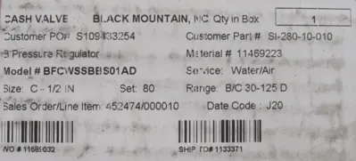 NEW CASH VALVE BFCWSSBBS01AD PRESSURE REDUCING VALVE 1/2" SET AT 80PSI