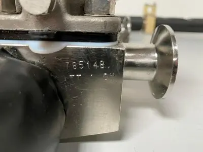 USED 2 ITT 1" & 2 ITT 1/2" 60 PSI VALVES ON MANIFOLD W/ 1/2" & 1" SANITARY FITTINGS