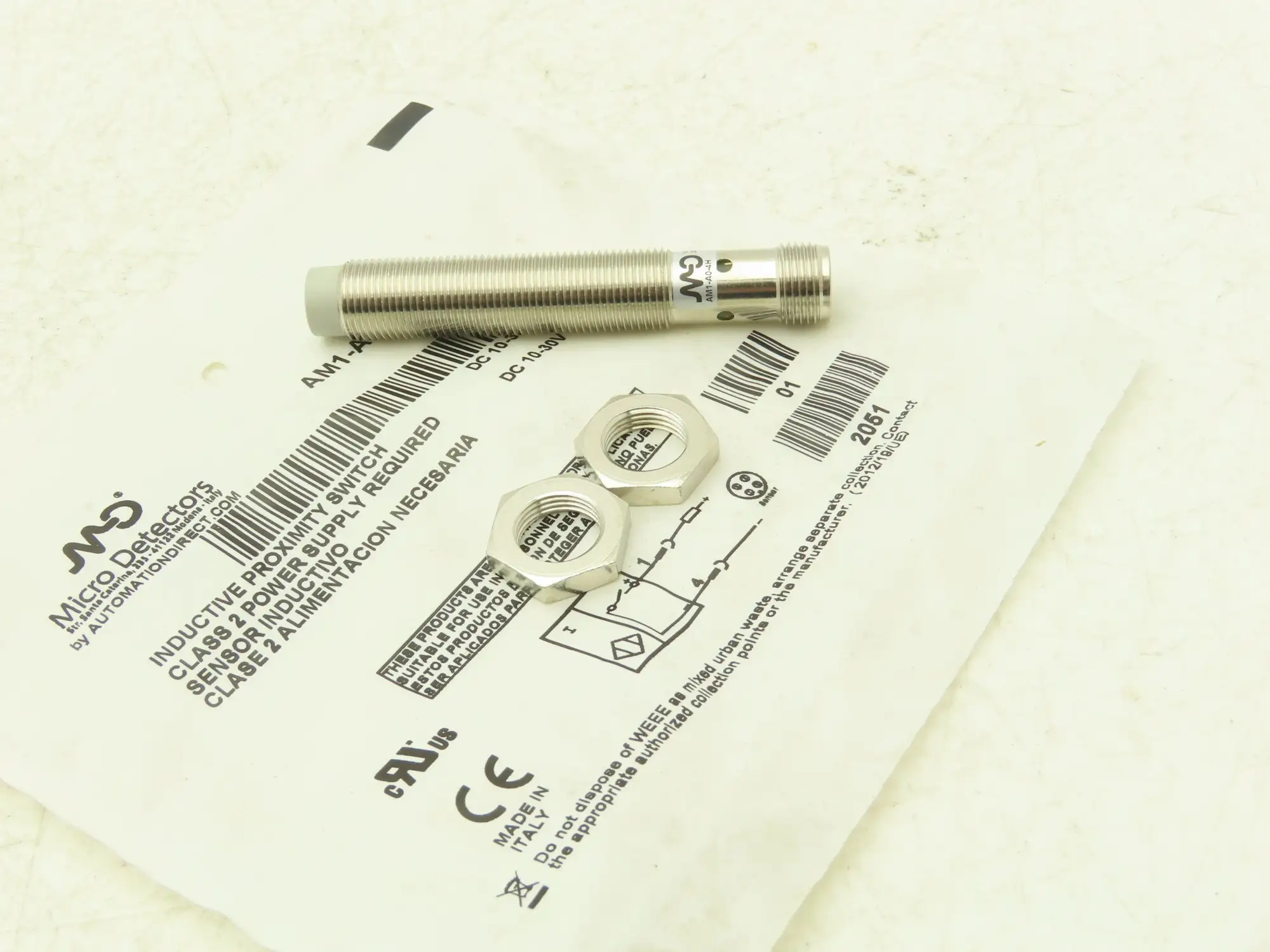 Micro Detectors AM1-A0-4H Inductive Proximity Switch 10-30VDC 12mm OD x 75mm OAL