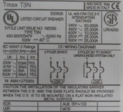 NEW ABB T3N225TWA CIRCUIT BREAKER BKR T3N 225A 3P T/M UL AS