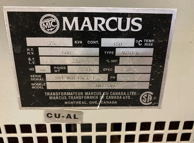 MARCUS 75KVA TRANSFORMER HV:600 LV:220