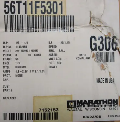 NEW MARATHON G306 MOTOR 1/3-1/4HP 56T11F5301 DVJ56T11F5301EP 5/8"x2-3/8" 208V