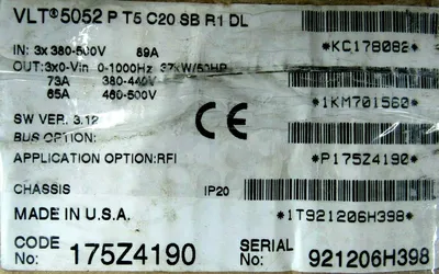NEW DANFOSS VLT-5052 DRIVE 50HP 175Z4190 921206H398 VLT5052-P-T5-C20-SB-R1-DL