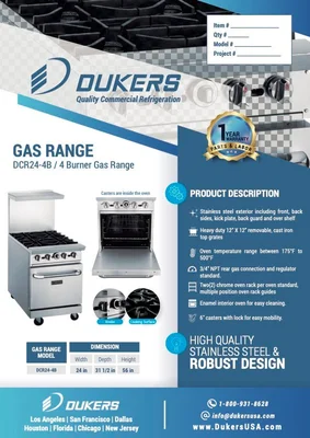 New | in-Stock Dukers New Dukers DCR24-4B 24" Gas Cooktop Range with Four (4) Open Burners Commercial Ranges Illinois US | Falcon Restaurant Supply #1376291