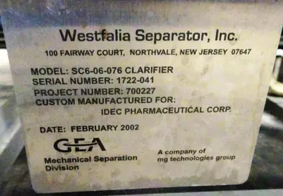 Westfalia CSC 6-06-076 hydro-hermetic clarifier skid, 316L SS.