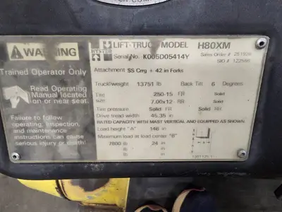 2001 Hyster H80XM 8000lb Pneumatic LP Forklift