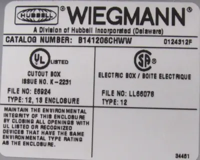 NEW WIEGMANN B141206CHWW ENCLOSURE 14x12x6 6XC04