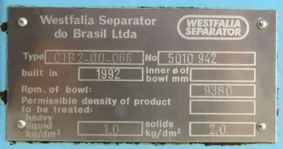 Westfalia OTB 2-00-066 lube oil purifier, SS.