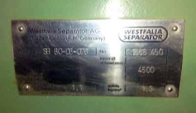 Westfalia SB 80-06-076 clarifier centrifuge, 316SS.