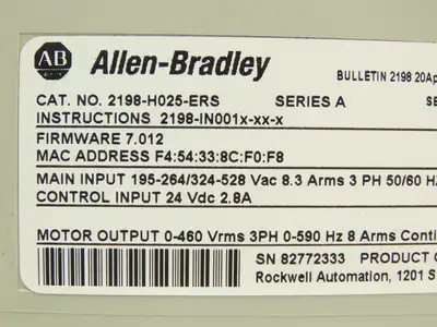 Allen Bradley 2198-H025-ERS Kinetix 5500 Servo Drive 20A Ser A Firmware 7.012