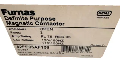 NEW FURNAS 42FE35AF106 DEFINITE PURPOSE MAGNETIC CONTACTOR 3 POLE 75 AMP