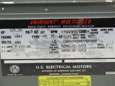Unimount Multispeed C865/R05R076R048F Electric Motor 5HP 1750 RPM 3PH 460V 184T