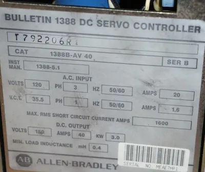 ALLEN BRADLEY 1388-BAV40 DC SERVO CONTROLLER 40AMP 3PH 3KW 150VDC 1388BAV40