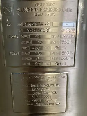 USED 2014 ALLEGHENY BRADFORD 171 LITER STAINLESS STEEL JACKETED REACTOR 45 PSI W/ AGITATOR