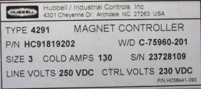 NEW HUBBELL HC91819202 MAGNET CONTROLLER SIZE 3 TYPE 4291 HC59322-104 HC59364802