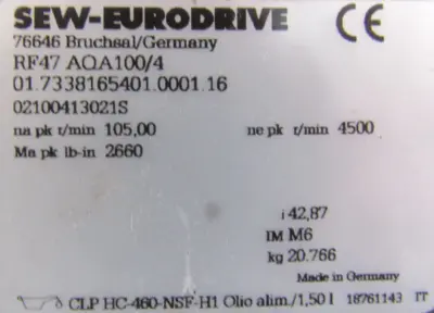 NEW SEW EURODRIVE RF47 AQA100/4 GEAR REDUCER 42.87 RF47AQA1004