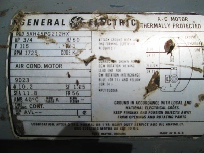 3/4 HP General Electric Thermally Protected Electric Motor, Single Phase