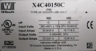 NEW TB WOODS X4C40150C AC DRIVE 15HP