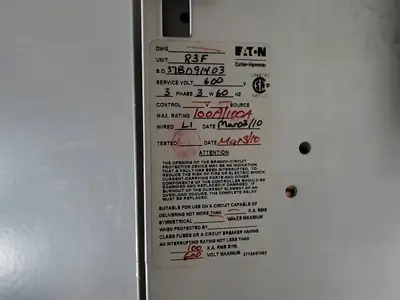 100A, 3 Pole, 600V Circuit Breaker HFD3100 Bucket for Freedom 2100 MCC Frame
