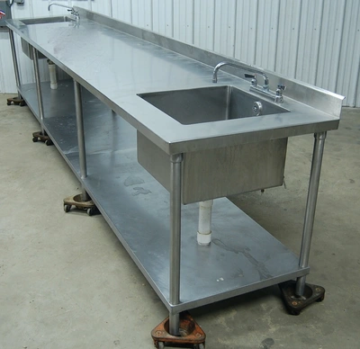 142-0793 14 Foot Stainless Steel Heavy Duty Work Table with Two Bowl Sinks