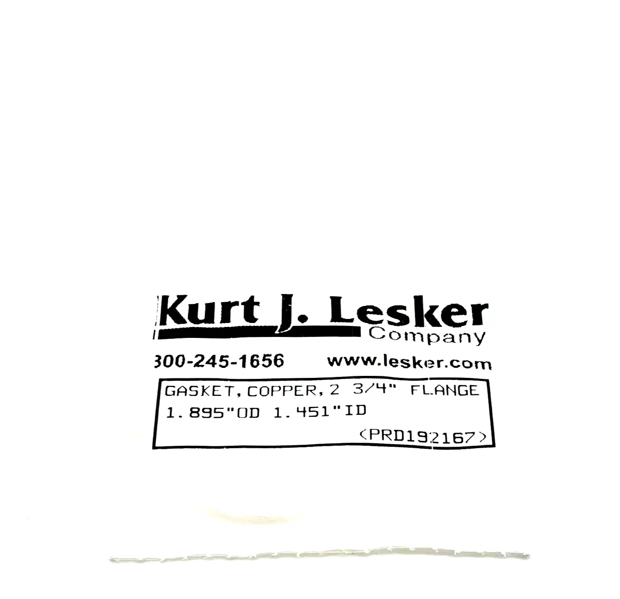 NEW KURT J. LESKER COPPER GASKET 1.895" OD, 1.451" ID, 2-3/4" FLANGE