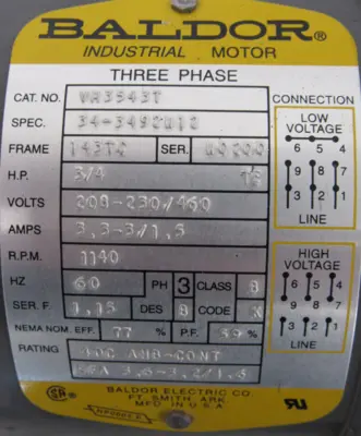 NEW BALDOR VM3543T MOTOR 3/4HP 208-230/460V 1140RPM 143TC