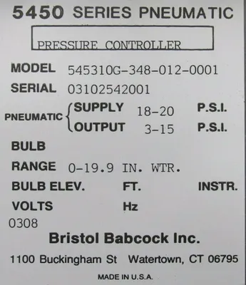 NEW BRISTOL BABCOCK 545310G-348-012-0001 PRESSURE CONTROLLER 5450 SERIES