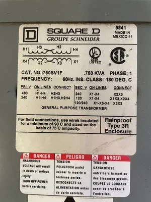 Square D 750SV1F Transformer 0.750kVA 240/480V 120/240V 1PH 60Hz