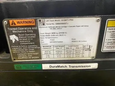 12,000 POUND HYSTER S120FTPRS FORKLIFT WITH 72" CASCADE CLAMP