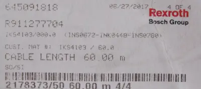 NEW REXROTH R911277704 FEEDBACK CABLE 60M IKS4103