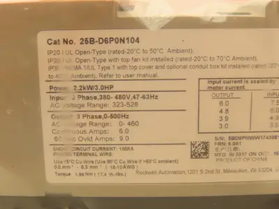 Allen Bradley 25B-D6P0N104 Powerflex 525 3HP VFD AC Drive 480V 50/60Hz FRN 5.001