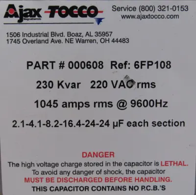 NEW AJAX TOCCO 000608 CAPACITOR 230KVAR 220VAC 6FP108