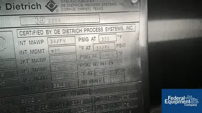 USED De Dietrich 3,000 Liter DeDietrich Glass Lined Reactor, 34/90#