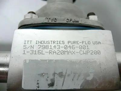 USED ITT PURE-FLO 1-316L-RA20MAX-CWP200 3-WAY 1" DIAPHRAGM VALVE