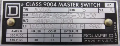 NEW SQUARE D 9004 MASTER SWITCH 9004-AG9X4-S 51088-008-55-371-50