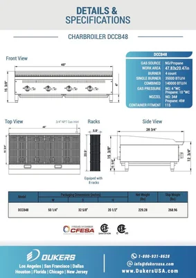 New | in-Stock Dukers New Dukers DCCB48 48 in. W Countertop Charbroiler Chargrill Grill 140,000 BTU Broilers Illinois US | Falcon Restaurant Supply #1376267