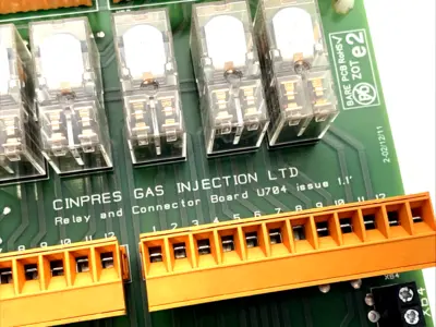 U704 | Cinpres Gas Injection  Relay & Connector Board PCB, Issue 1.1, Omron Relays - Used