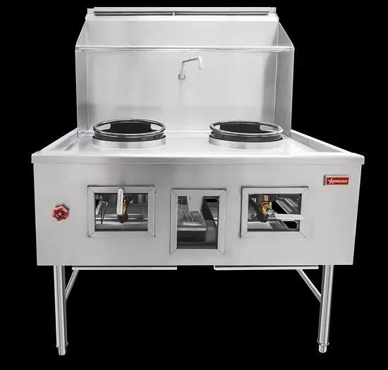 Two Chamber Wok Range with 2 x 13″ Rings, Backsplash, Faucet, 190,000 BTU – Natural Gas