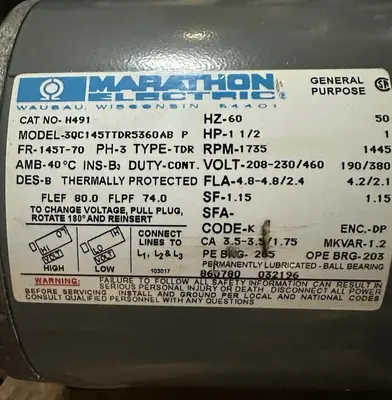 Used MARATHON 3QC145TTDR5360ABP A.C. Motors | Surplus Asset Holdings #1204632