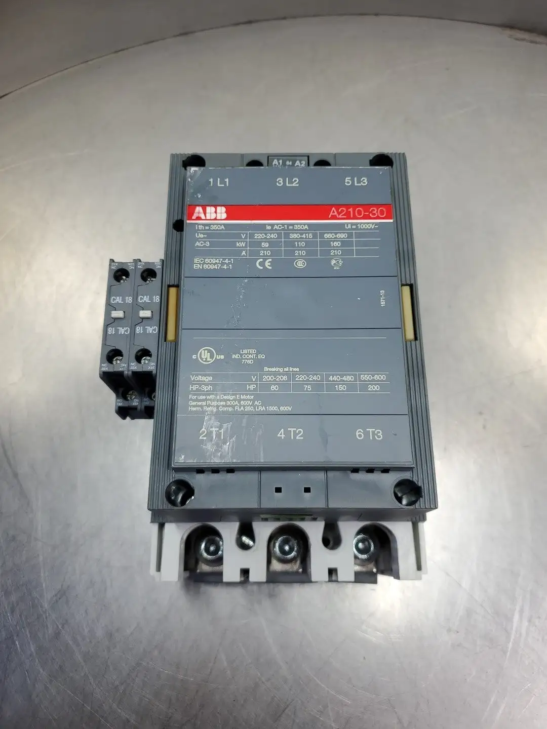 ABB A210-30 3-Phase 200HP Contactor w/CAL18-11 Relay. 1D-23