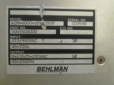 BEHLMAN ACM-6000-08V-3909 Input 277/480VAC 30 48-72Hz Output 0-135/0-270VAC 10