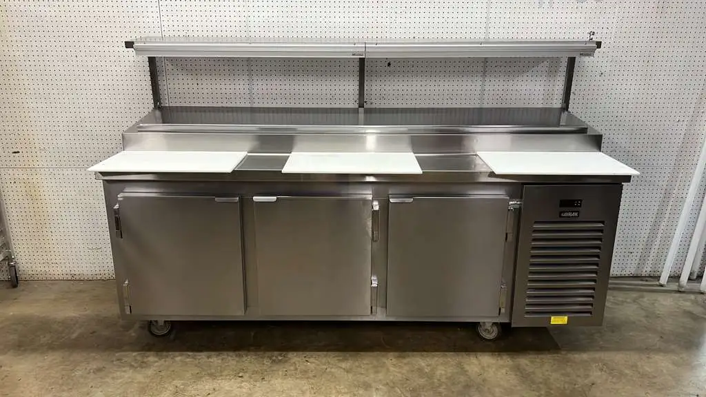 Used Kairak Used 91" Kairak KBP-91S 3 Door Refrigerated Stainless Steel Prep Table - 115V - JJ - 2 Food Prep Tables Illinois US | Falcon Restaurant Supply #1373526