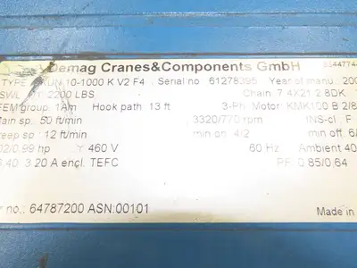 Demag DKUN 10-1000 2200 Lb 1 Ton Electric Chain Hoist 18' Lift 12/50 FPM 2 Speed