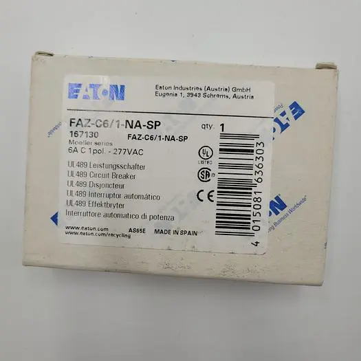 New | in-Stock EATON EATON CIRCUIT BREAKER FAZ-C6/1-NA-SP 6A 1 POLE 277 VAC 167130 Circuit Breakers | ND Industrial Surplus #1221890